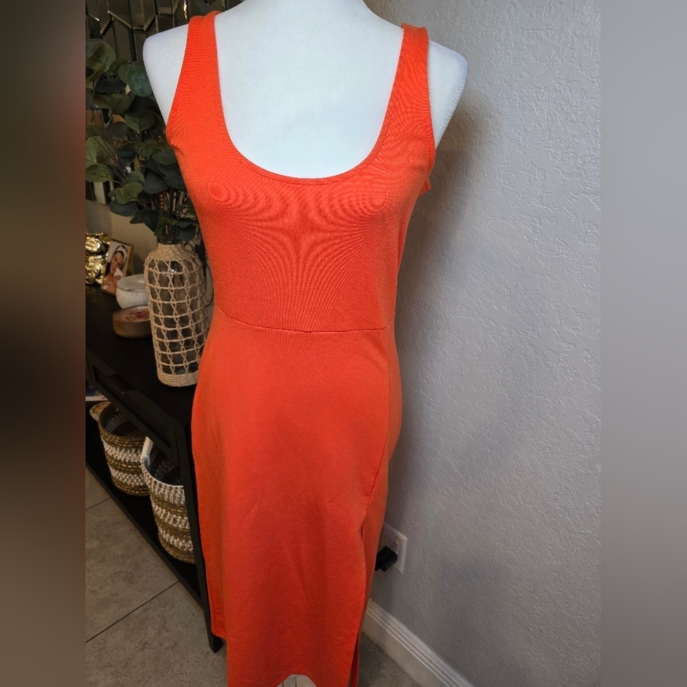 Open Edit Women's Scoop Neck Orange Bodycon Midi Tank Sleeveless Dress Size M - Picture 4 of 8